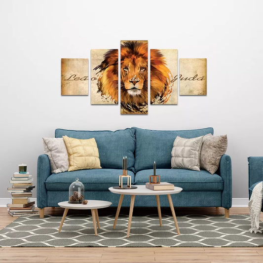 Quadros Decorativos Mosaico Leão Juda - Conjunto de 5 Peças para Sala Grande ou Quarto