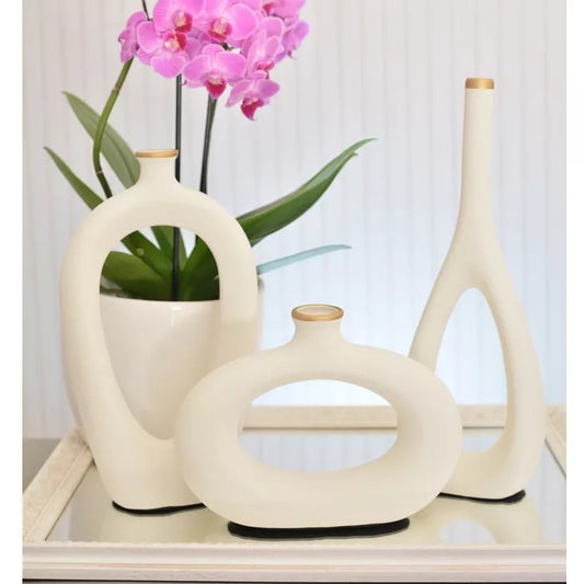 Conjunto de 3 Vasos Cerâmicos Geométricos - Decoração Sofisticada e Moderna