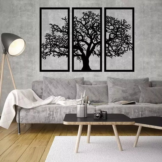 Quadro Decorativo Árvore da Vida 3 Peças C/ Dupla Face 3M em MDF Vazado de 3mm Preto